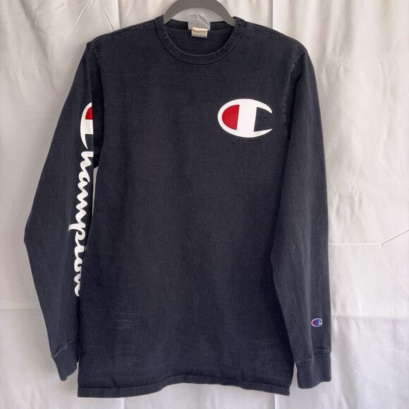 Champion Vintage Men's Size LG Black Big Logo Spell Out 90s Long Sleeve T-Shirt - Picture 1 of 9